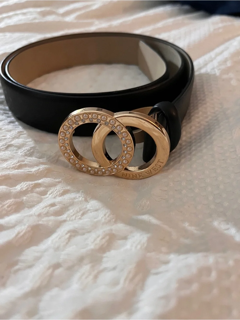 Nine West Black Belt with Gold Pearl-Studded Double Ring Buckle